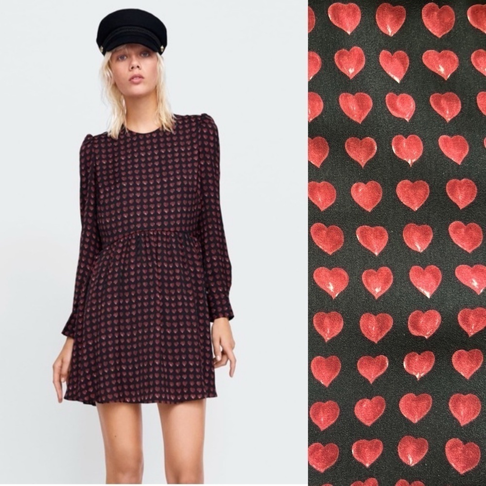 ZARA Heart Print Babydoll Mini Dress NWT Size Large - Picture 1 of 15
